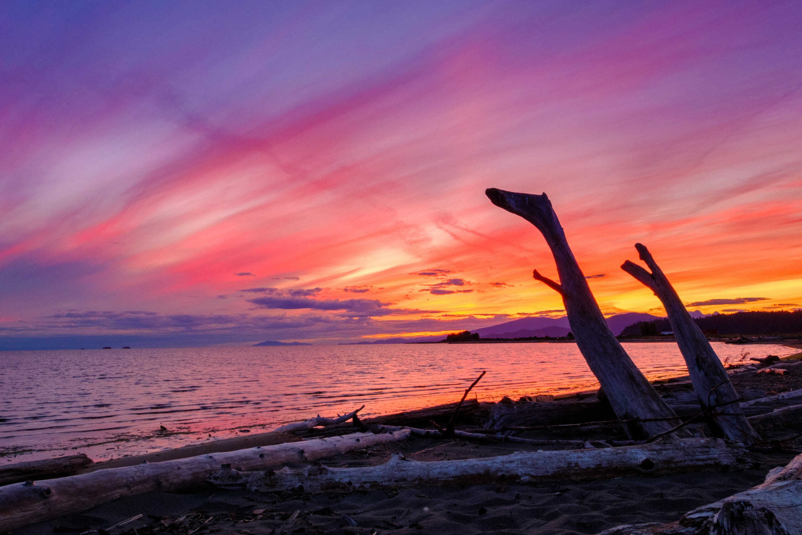 Fiery pink, purple, and orange sunset at Iona Beach framed by driftwood in foreground and North Shore Mountains in background