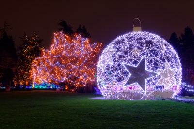 Giant Christmas bulb covered in white lights resting on green lawn at night with trees at VanDusen Garden Festival of Lights