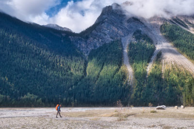 Male hiker trekking through Kinney Flats in shadow of imposing mountain on Berg Lake Trail in Mount Robson Provincial Park